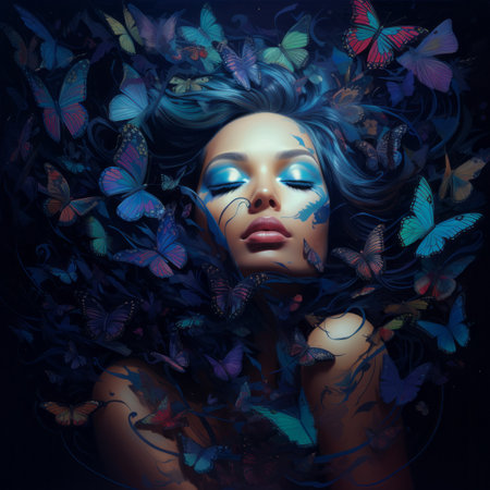 beautiful woman with blue eyes surrounded by butterfliesの素材
