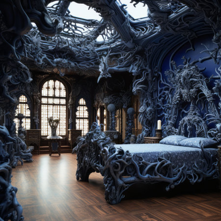 an ornate bedroom with a bed made out of tentaclesの素材