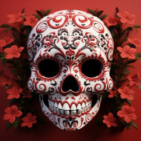 day of the dead sugar skull on red backgroundの素材