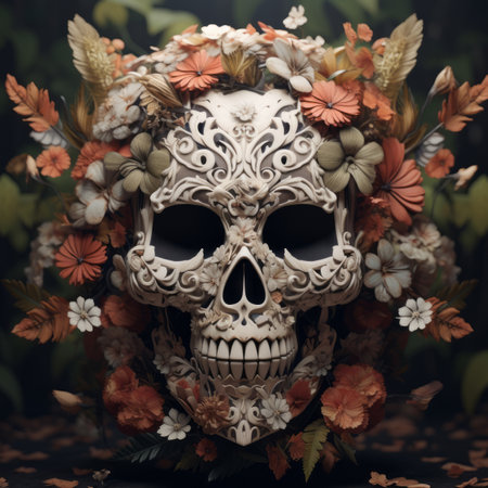 skull with flowers and leaves on a dark backgroundの素材