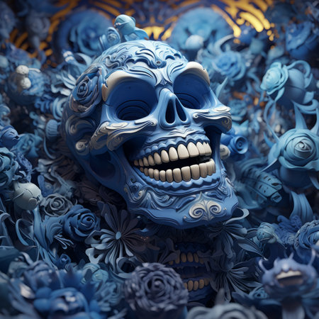 the skull is surrounded by blue flowersの素材