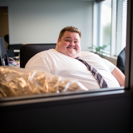 a fat man sitting in an officeの素材