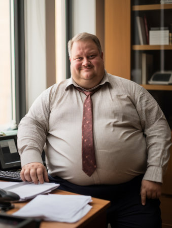 a fat man in a tie sitting at his deskの素材