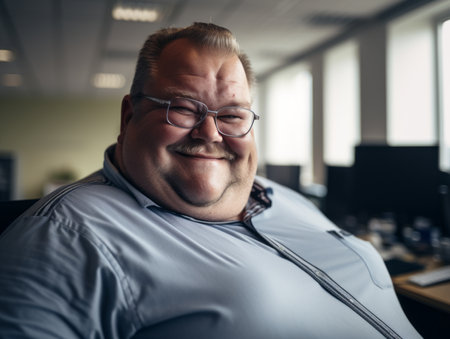 a fat man with glasses sitting in an officeの素材