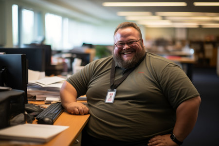 a man in a green shirt sitting at a desk in an officeの素材