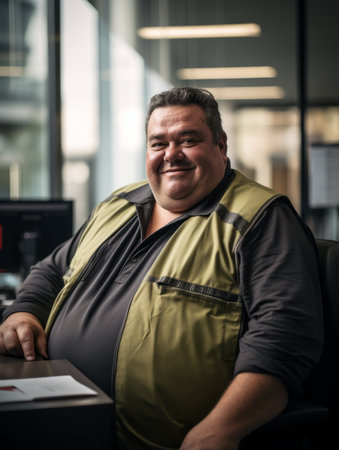 a man in a green vest sitting at a deskの素材