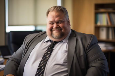 a man in a suit and tie sitting in an officeの素材