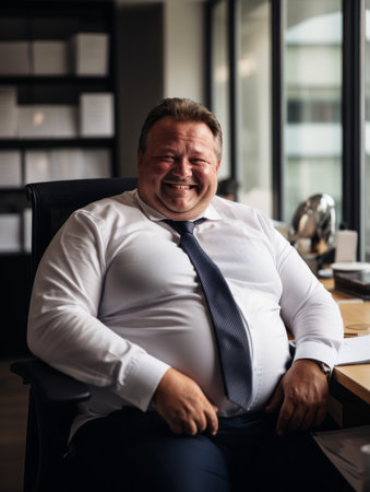 a man in a white shirt and tie sitting in an officeの素材