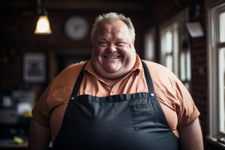 a man in an apron is smiling for the cameraの素材