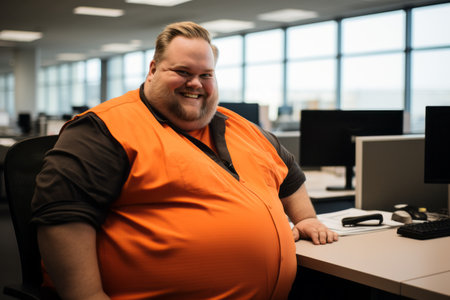a man in an orange shirt sitting at a deskの素材
