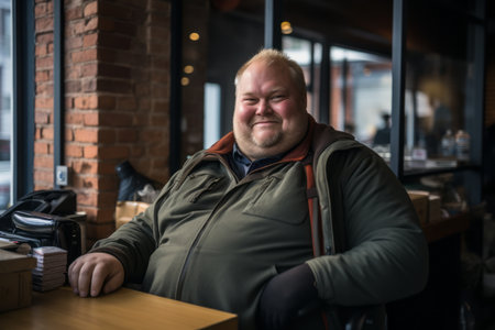 a man sitting at a table in a coffee shopの素材