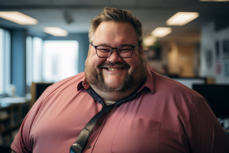 a man with a beard and glasses smiling in an officeの素材