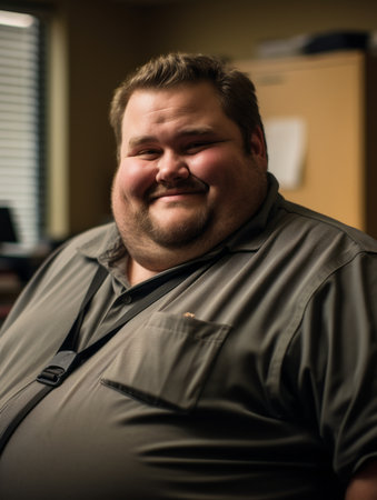 a man with a big belly smiles for the cameraの素材