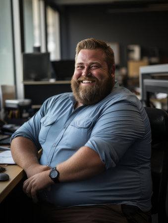 a man with a beard sitting at a desk in an officeの素材