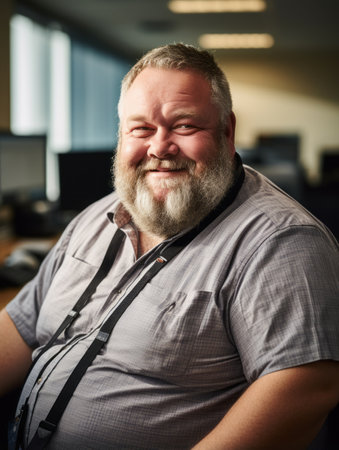 a man with a beard sitting in an officeの素材