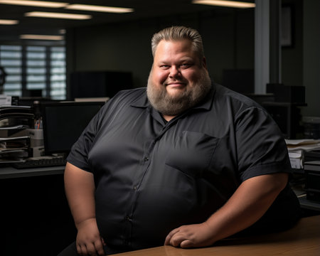 a man with a big beard sitting at a desk in an officeの素材