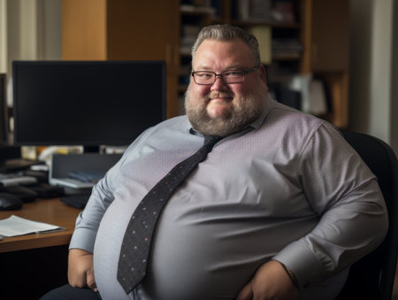a man with a big belly sitting in front of a computerの素材