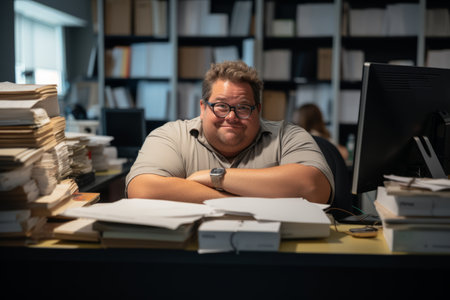 a man with glasses sitting at a desk with stacks of papersの素材