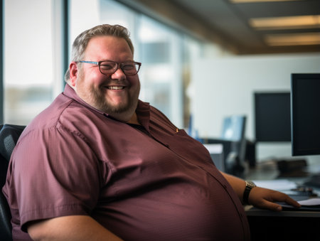 a smiling man in a maroon shirt sitting at a deskの素材