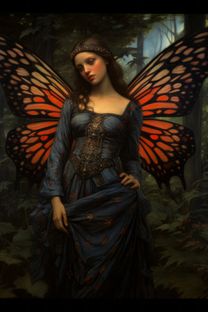 a painting of a woman in a blue dress with orange wingsの素材