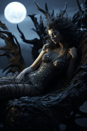 a beautiful woman sitting on a tree trunk in front of a full moonの素材