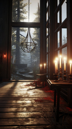 a room with candles and a table in front of a windowの素材
