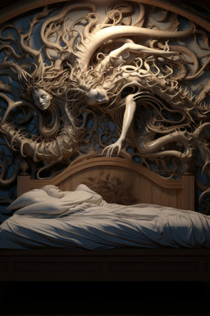 a bed with a large headboard and a woman sleeping on itの素材