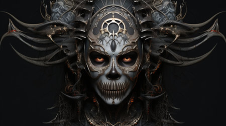 a skull with horns on its headの素材