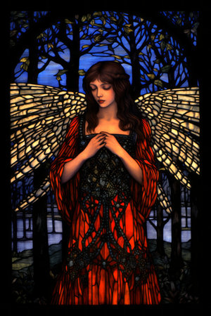 a stained glass angel with wings and a red dressの素材