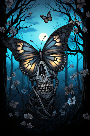 a skull with a butterfly on its head in the woodsの素材