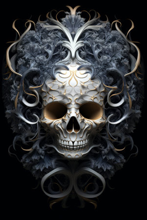 a skull with ornate design on a black backgroundの素材