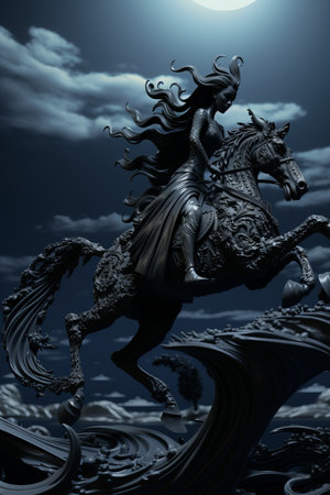 a statue of a woman riding a horse in front of a full moonの素材