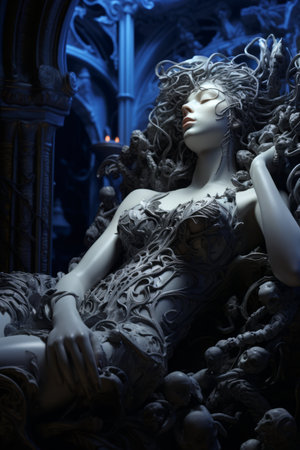 a statue of a woman laying on top of a pile of skullsの素材