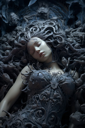 a woman is sleeping in the middle of a pile of skullsの素材
