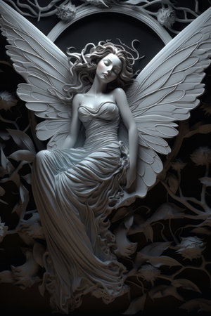 an angel is sitting on a black backgroundの素材