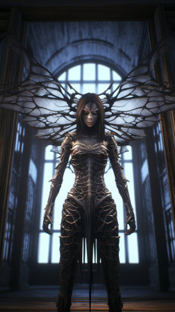 a woman with wings standing in front of a large windowの素材