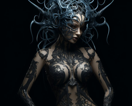 a woman with tattoos and horns on her bodyの素材