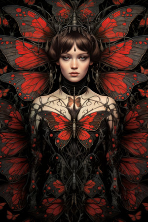a woman with red butterflies on her faceの素材