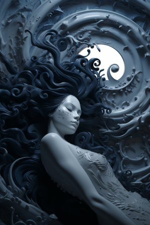 a woman with long black hair is sleeping in a spiralの素材