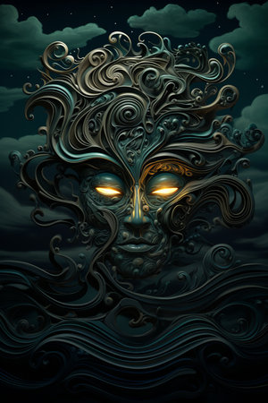 the face of a man in the ocean at nightの素材