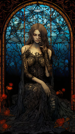 the gothic woman is sitting in front of a stained glass windowの素材