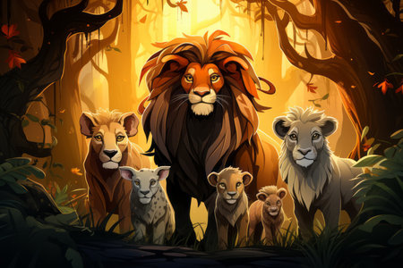 a cartoon lion family in the forestの素材