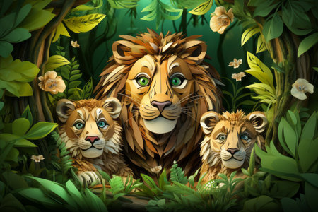 a cartoon lion family in the jungleの素材