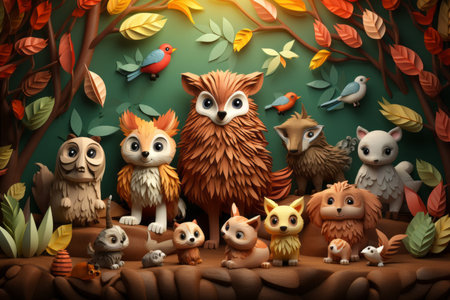 a group of animals in the forest with leaves on the groundの素材