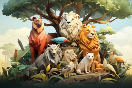 a group of lions and other animals in the forestの素材