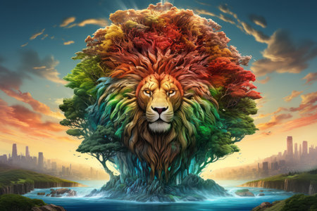 a colorful lion is standing on top of a tree in front of a riverの素材