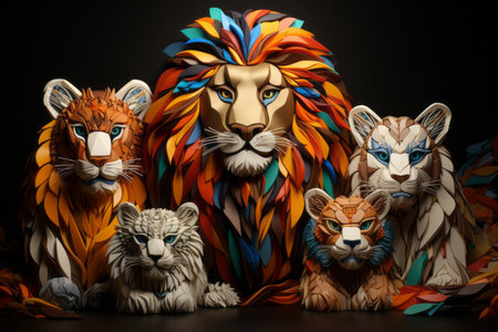 a group of colorful paper lions on a black backgroundの素材
