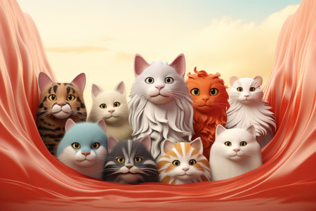 a group of cats sitting on a red clothの素材