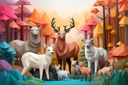 a group of deer and other animals in the forestの素材