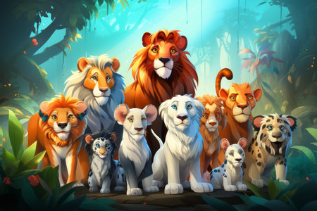 a group of lions and other animals in the jungleの素材